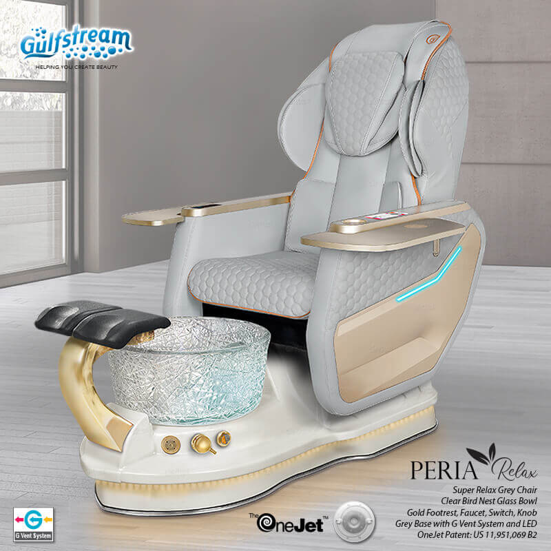 Gulfstream Peria Relax Spa with Light Grey Super Relax 3 chair, white base and Bird Nest crystal bowl