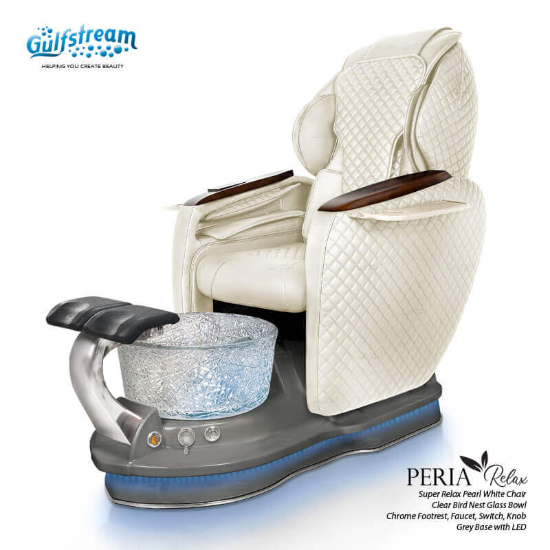 Gulfstream Peria Relax Spa with Pearl White quilted Super Relax 2 chair, grey base and Bird Nest crystal bowl