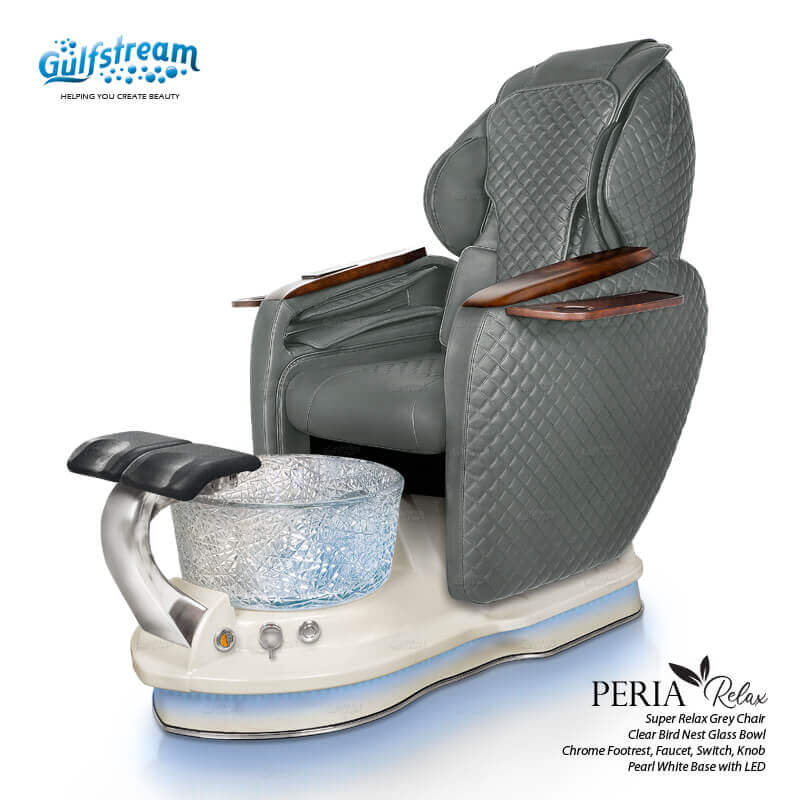 Gulfstream Peria Relax Spa with Dark Grey quilted Super Relax 2 chair, white base and Bird Nest crystal bowl