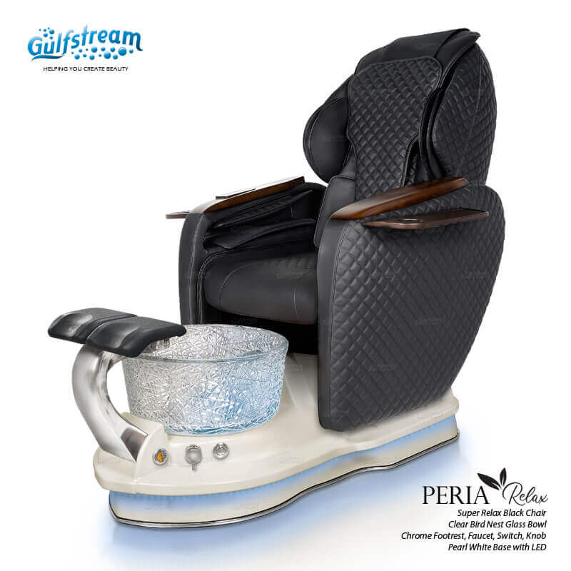 Gulfstream Peria Relax Spa with Black quilted Super Relax 2 chair, white base and Bird Nest crystal bowl