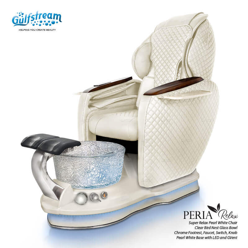 Gulfstream Peria Relax Spa with Pearl White quilted Super Relax 2 chair, white base and Bird Nest crystal bowl