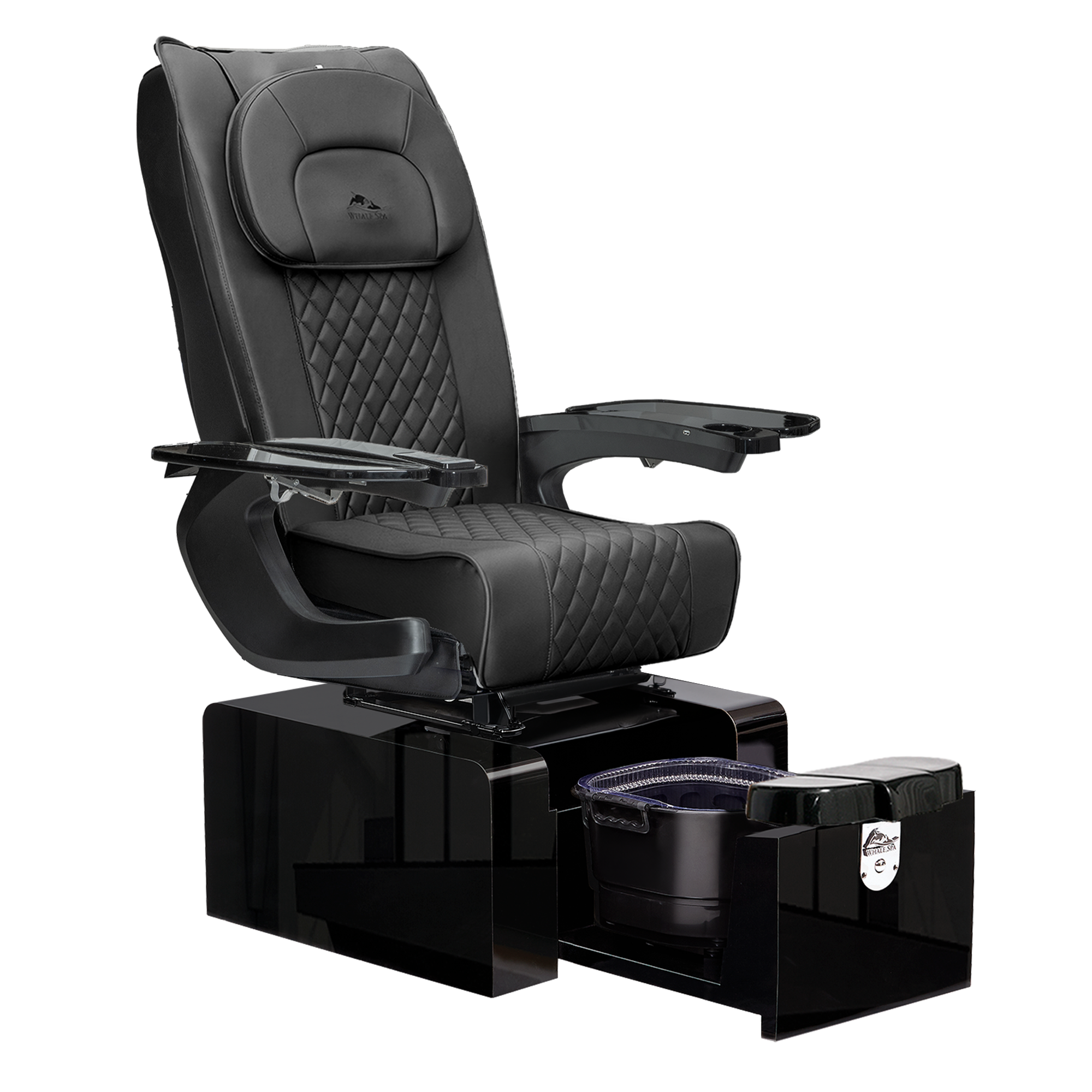 Pure III pedicure chair in black leather on a gloss black base with black armrests