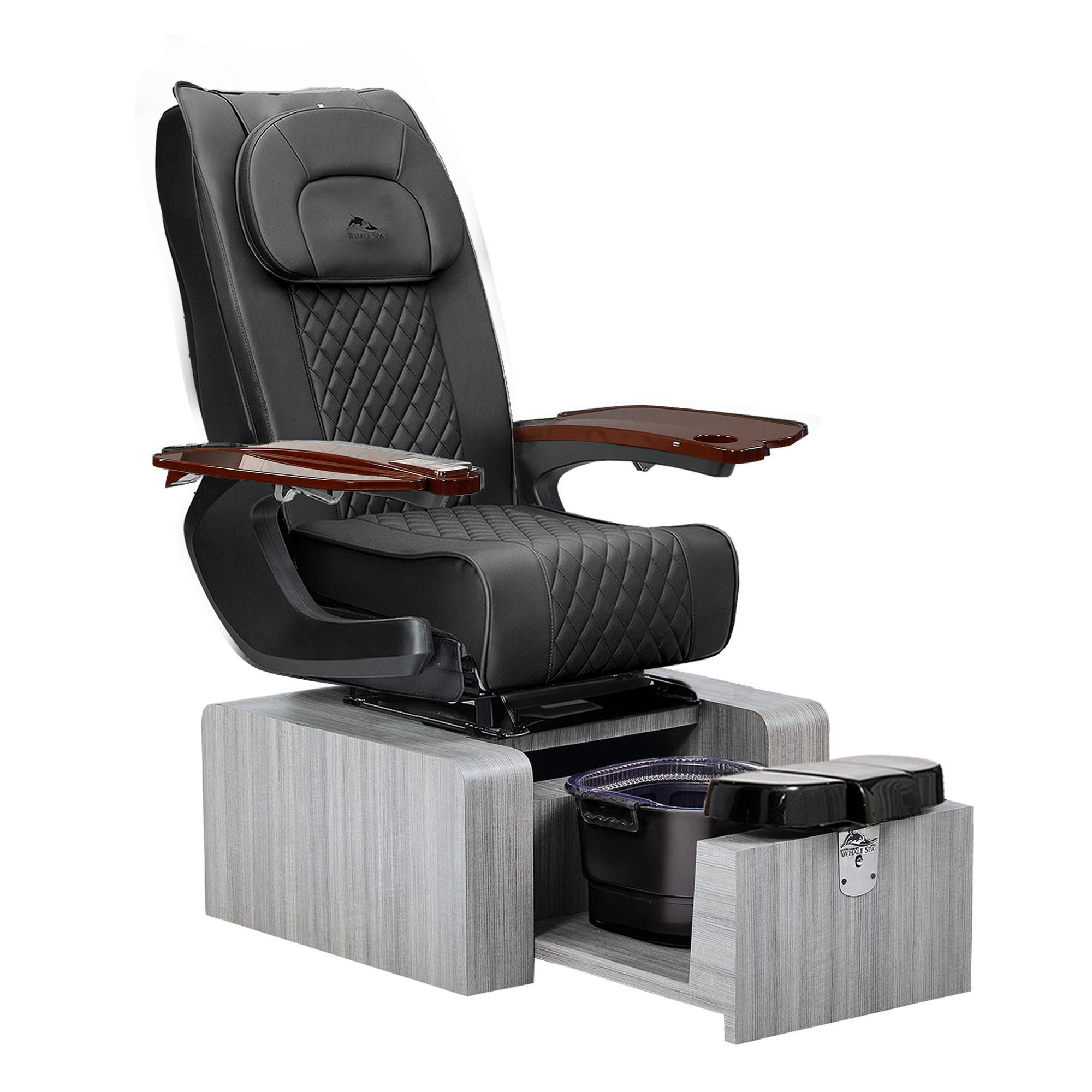 Pure III pedicure chair in black leather on a gray base with walnut armrests