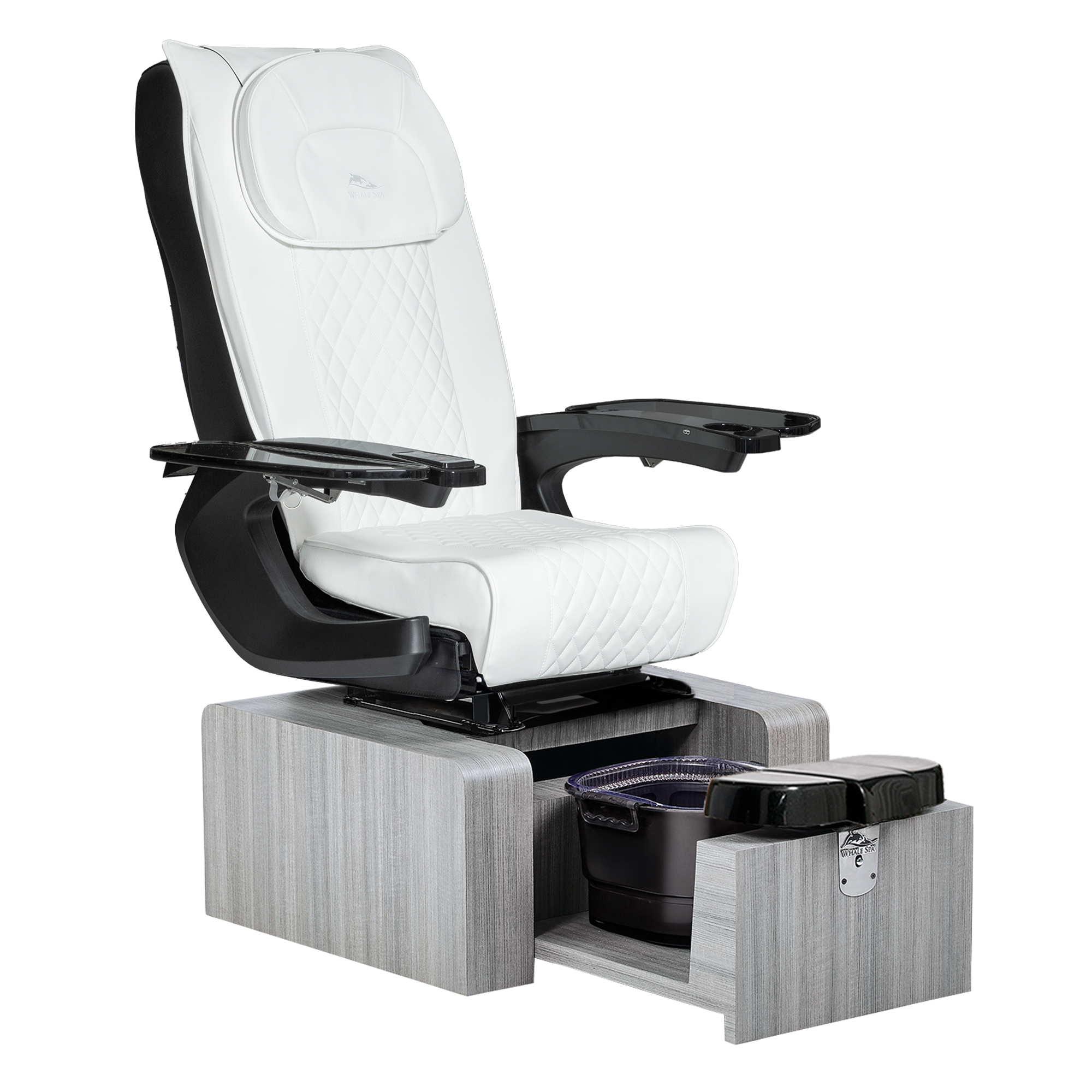 Pure III pedicure chair in white leather on a gray base with black armrests