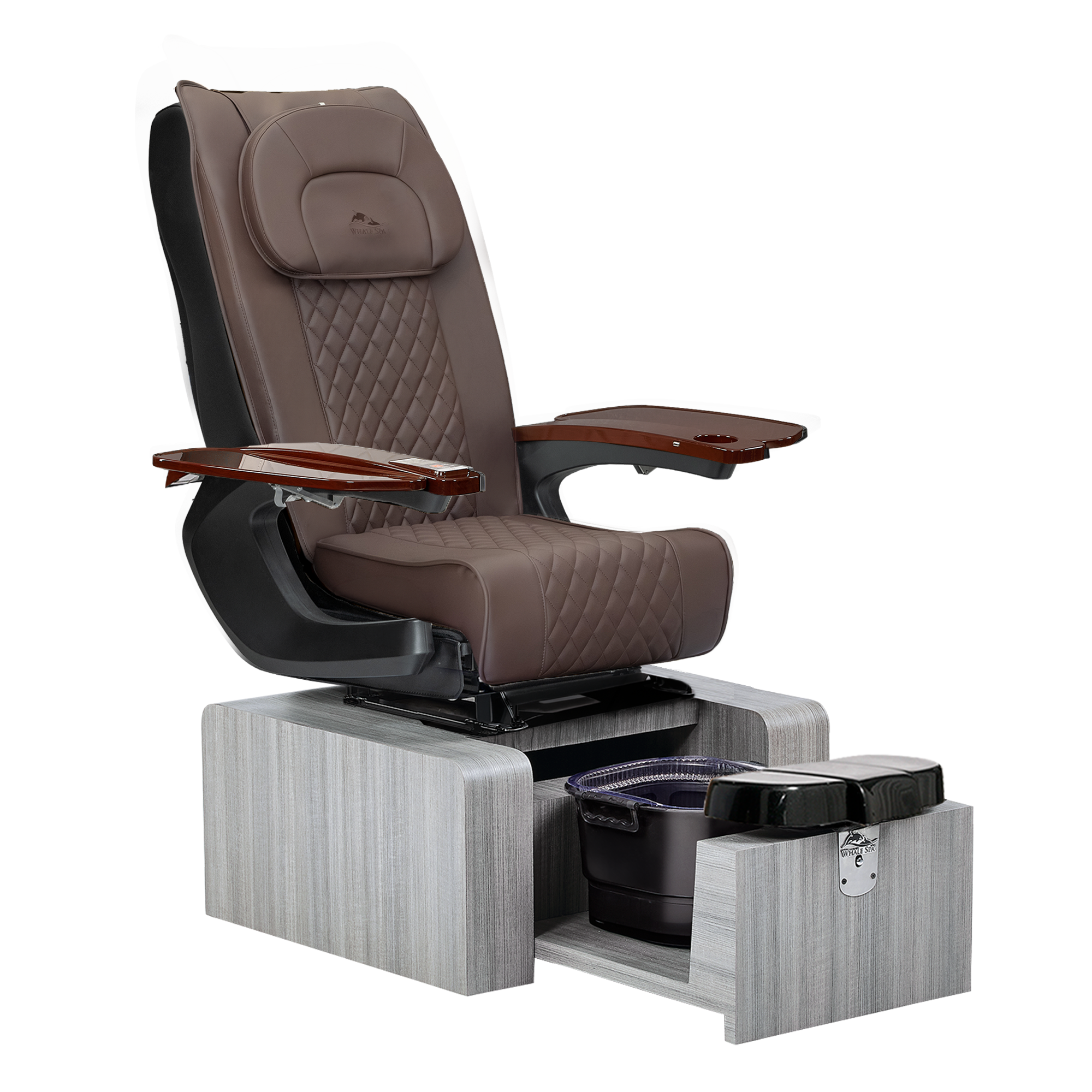 Pure III pedicure chair in chocolate leather on a gray base with walnut armrests