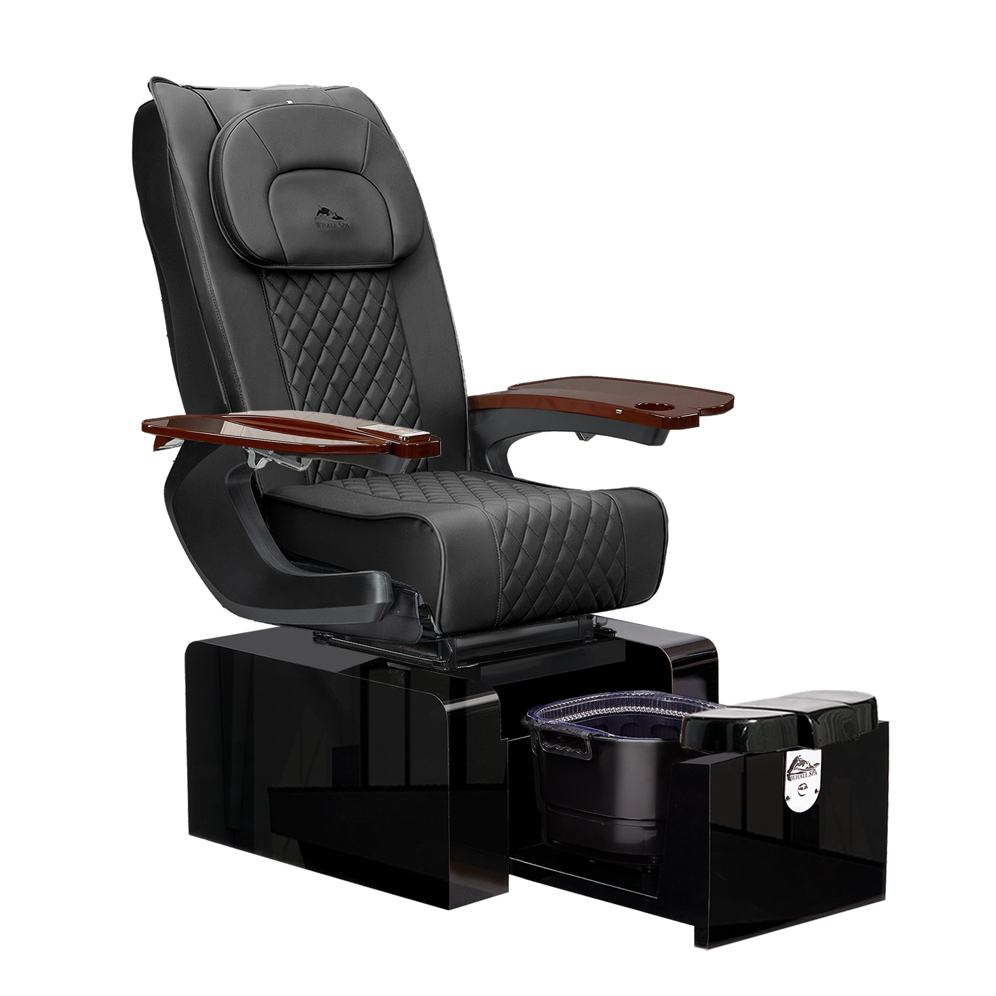 Pure III pedicure chair in black leather on a gloss black base with walnut armrests