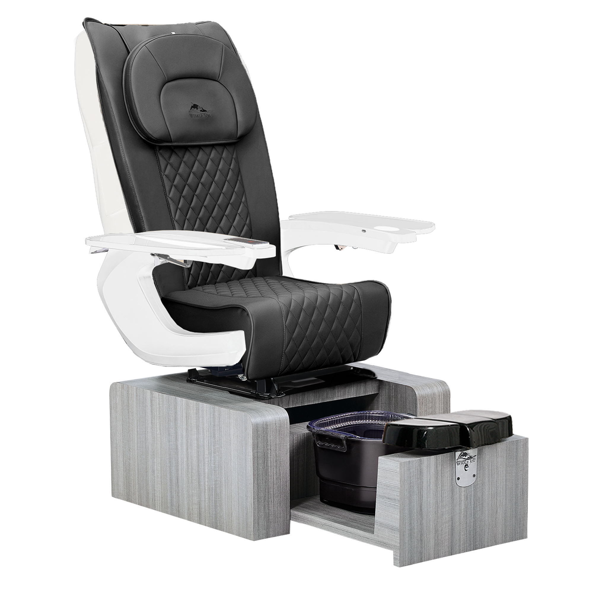 Pure III pedicure chair in black leather on a gray base with white armrests