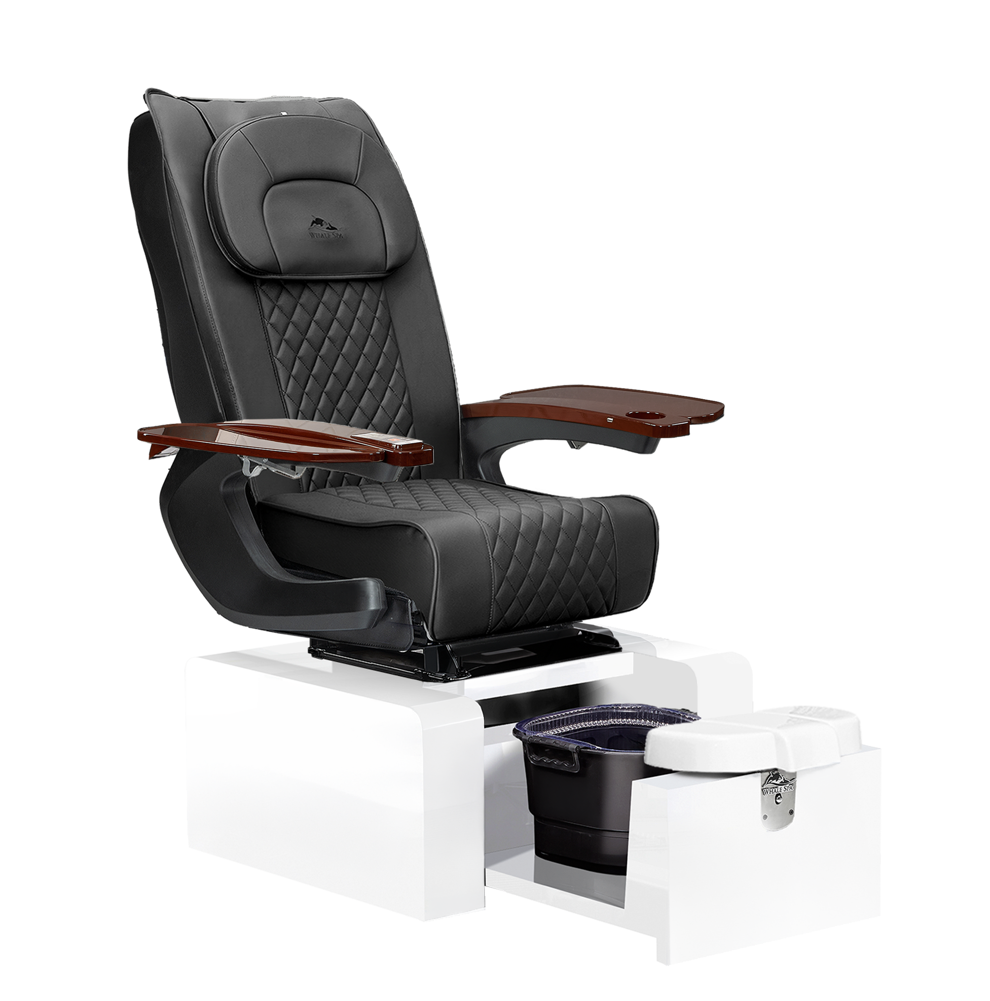 Pure III pedicure chair in black leather on a gloss white base with walnut armrests
