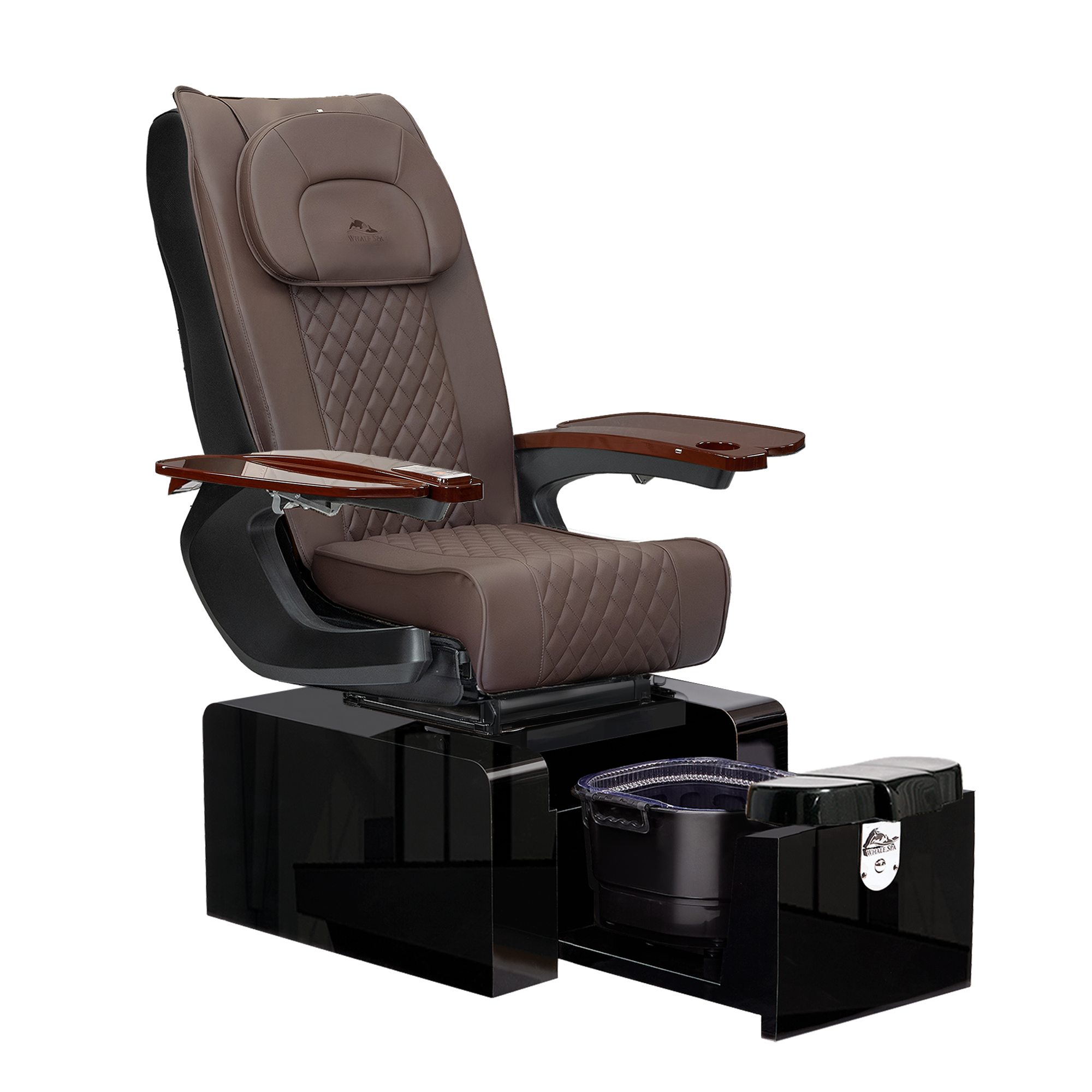 Pure III pedicure chair in chocolate leather on a gloss black base with walnut armrests