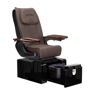 Pure III pedicure chair in chocolate leather on a gloss black base with walnut armrests