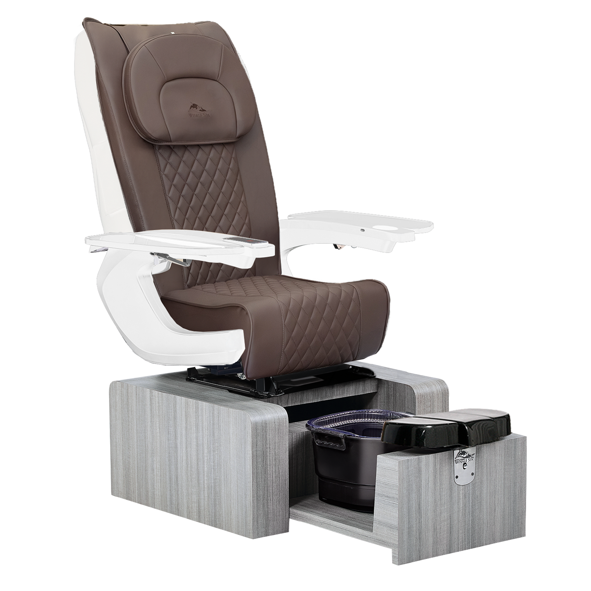 Pure III pedicure chair in chocolate leather on a gray base with white armrests