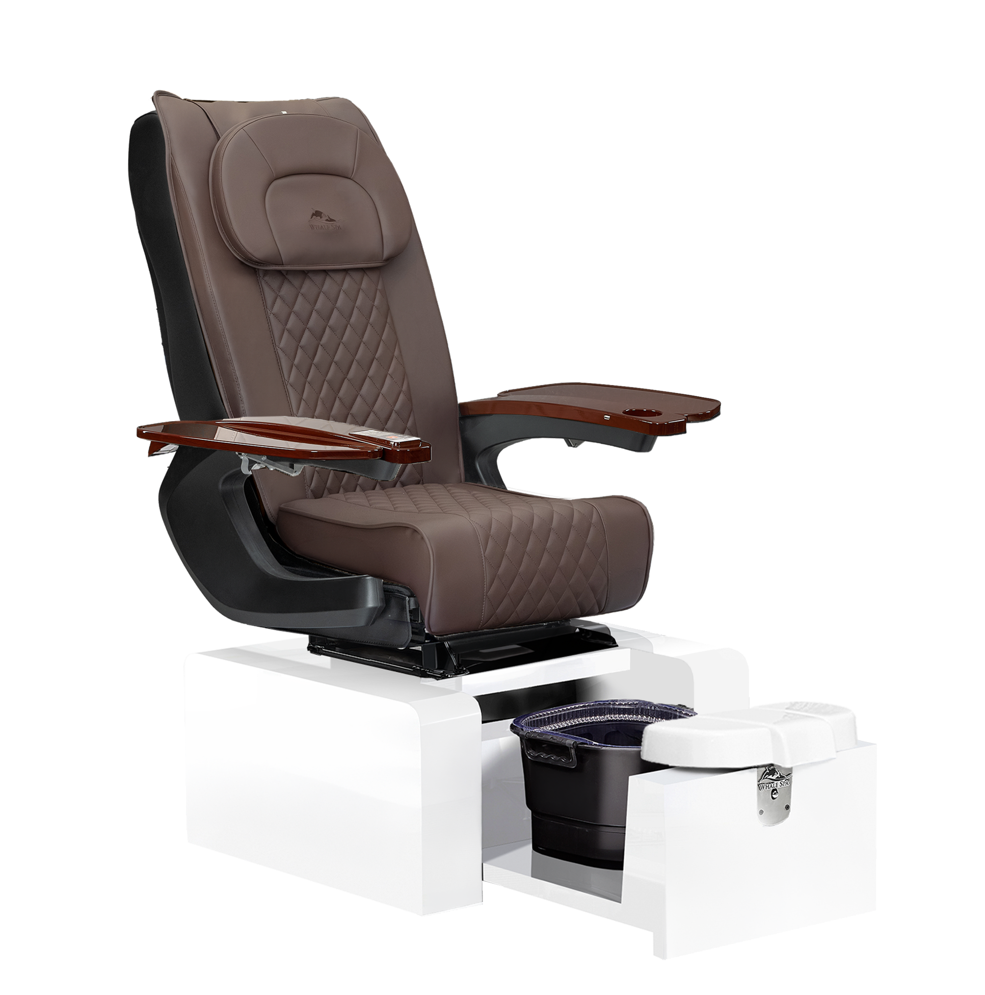 Pure III pedicure chair in chocolate leather on a gloss white base with walnut armrests