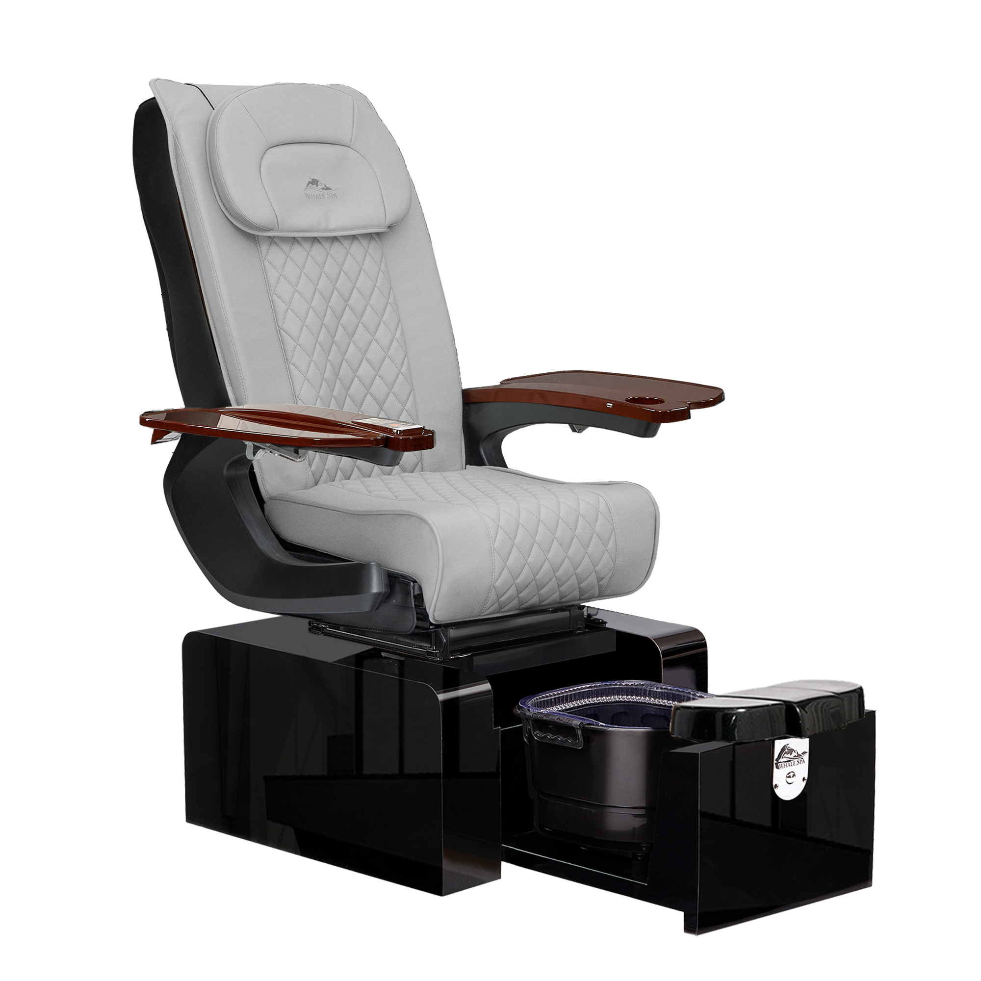 Pure III pedicure chair in gray leather on a gloss black base with walnut armrests