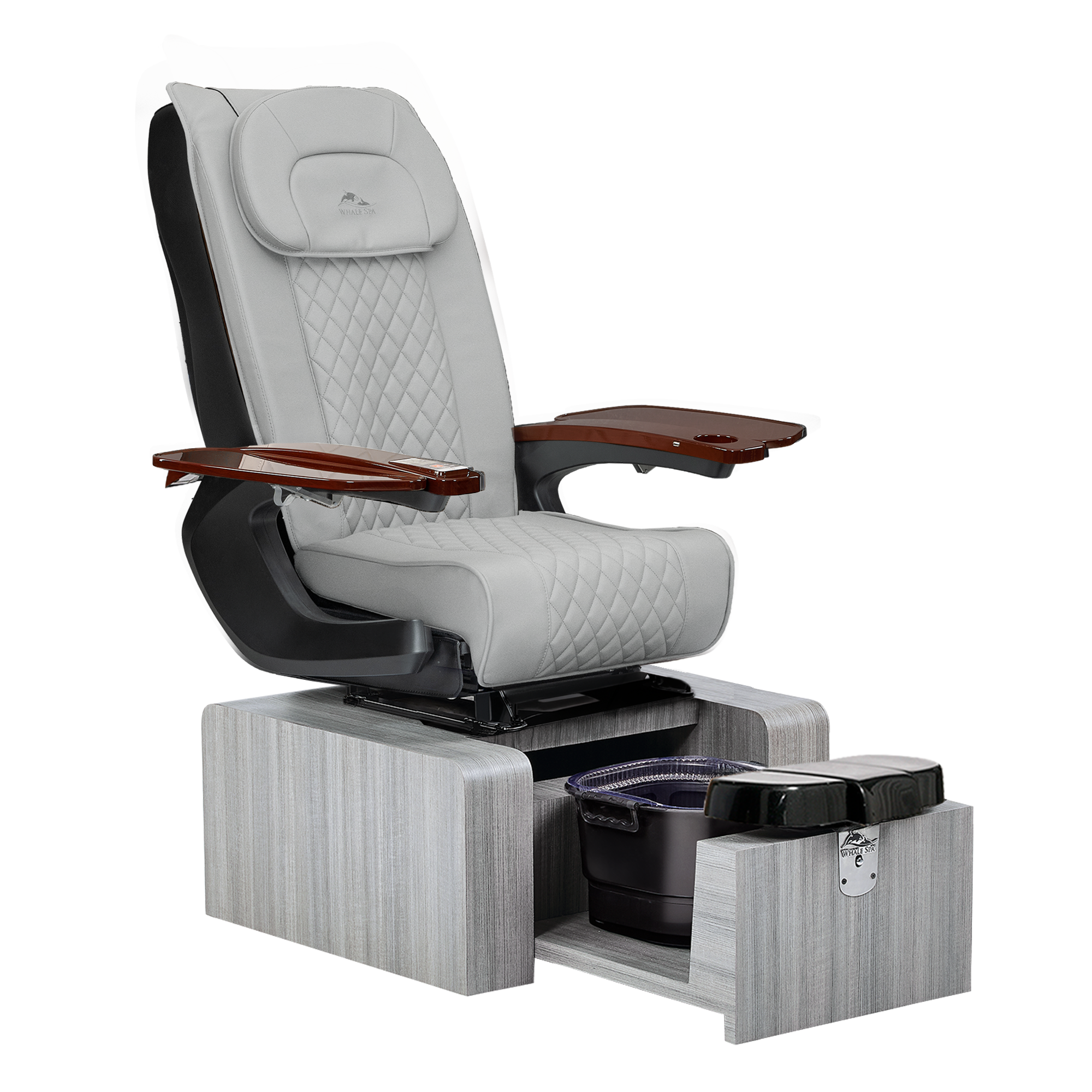 Pure III pedicure chair in gray leather on a gray base with walnut armrests