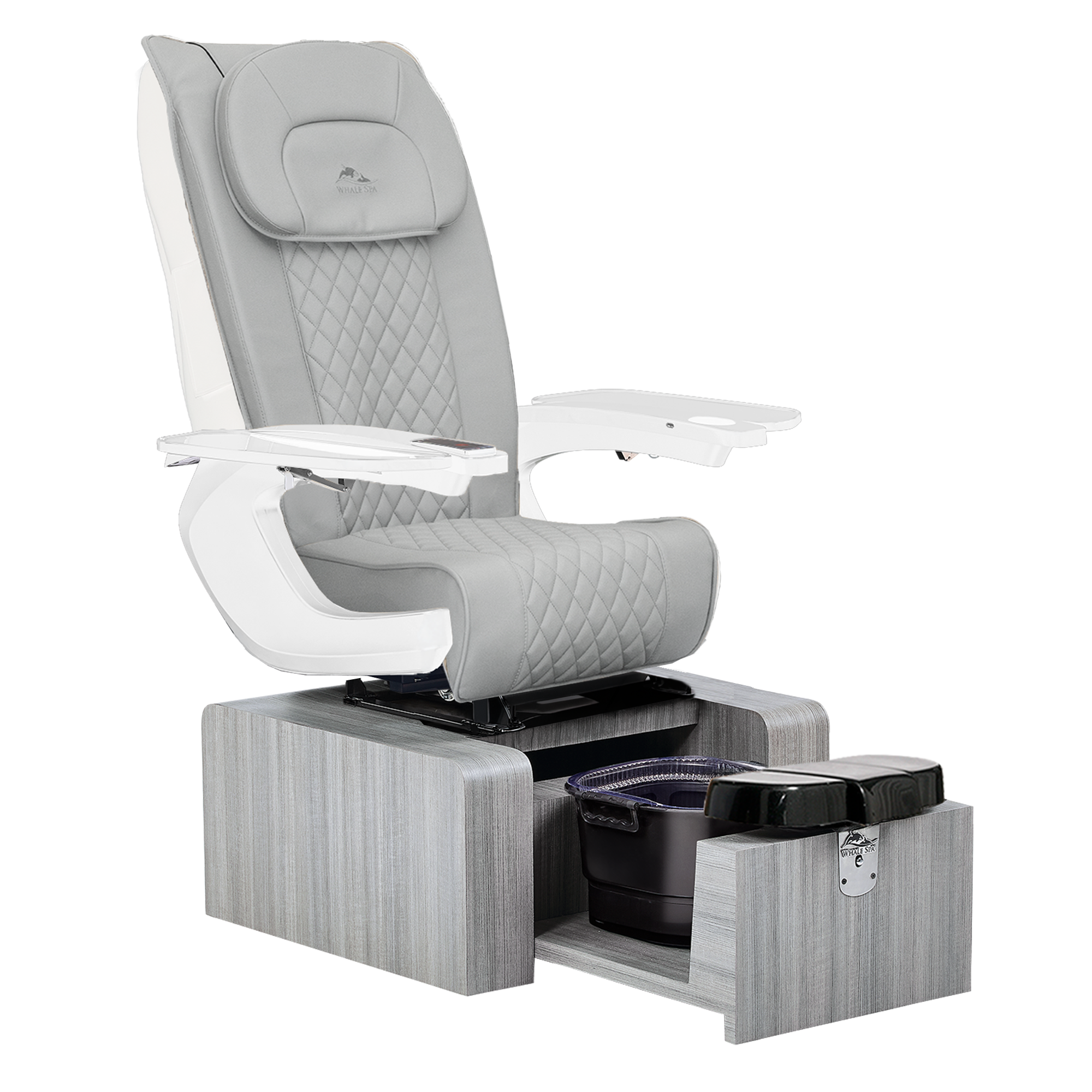 Pure III pedicure chair in gray leather on a gray base with white armrests
