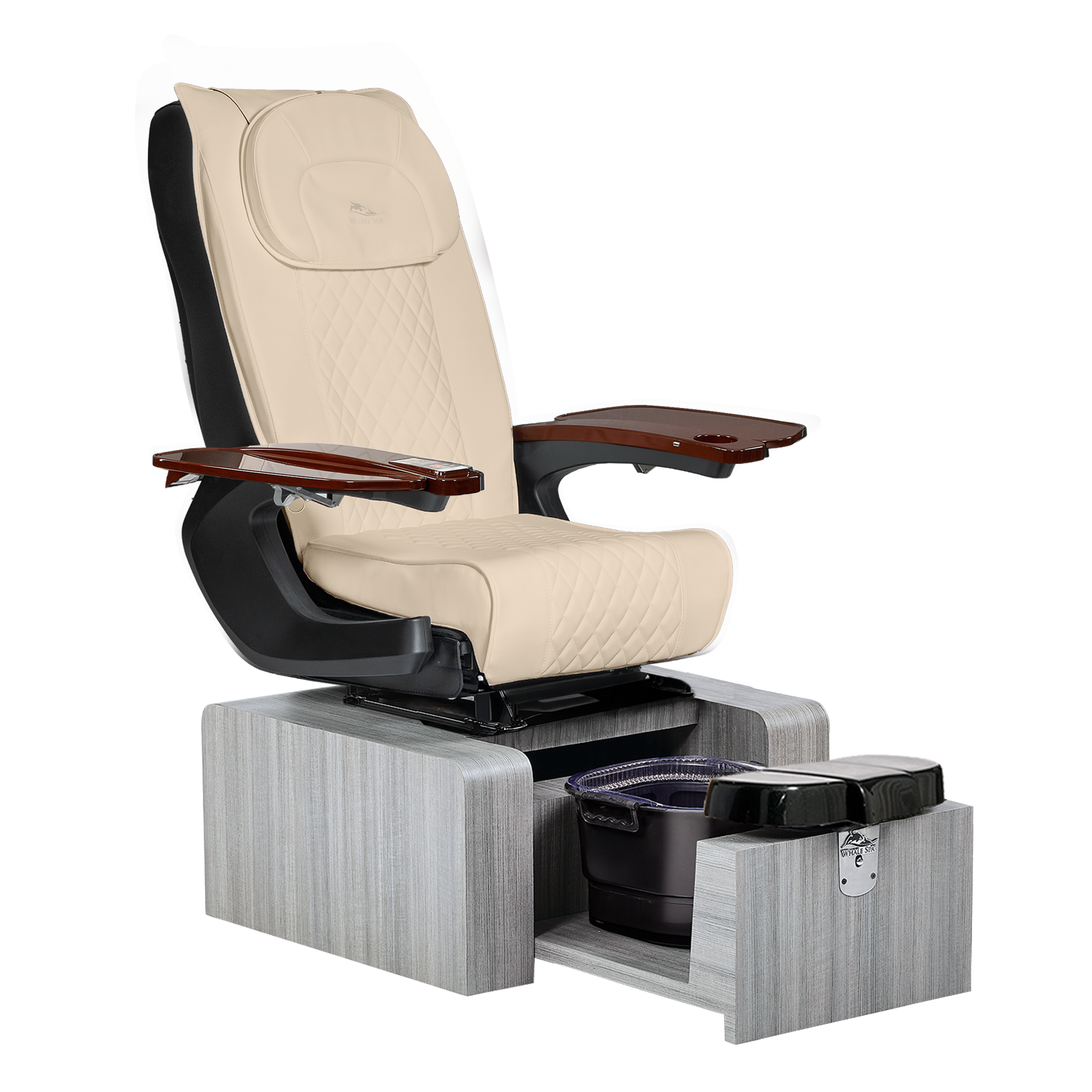 Pure III pedicure chair in khaki leather on a gray base with walnut armrests