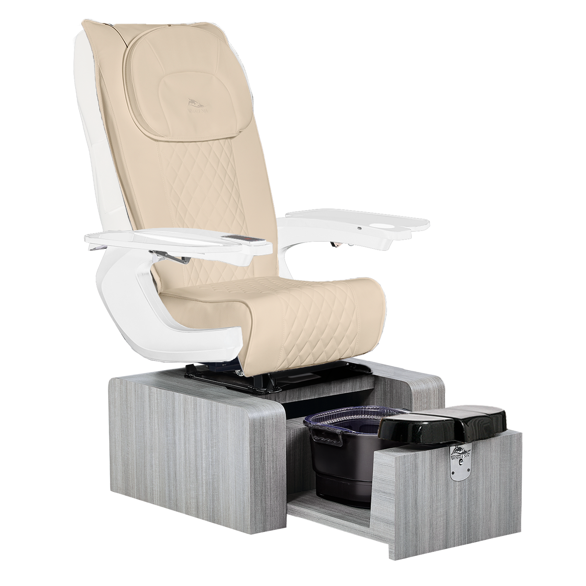 Pure III pedicure chair in khaki leather on a gray base with white armrests