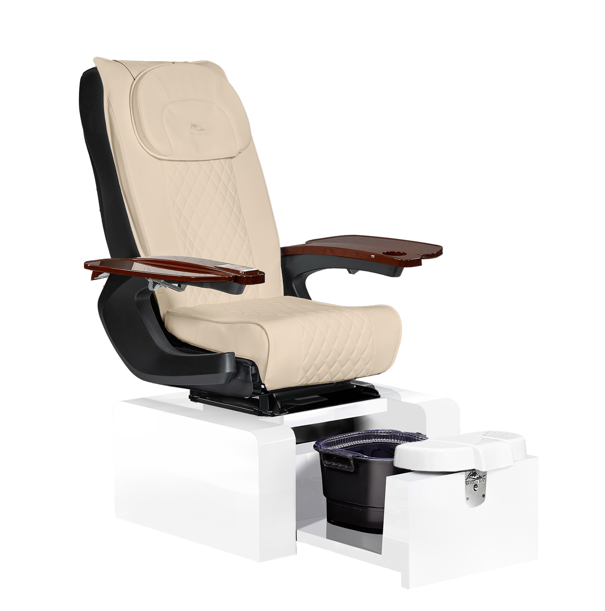 Pure III pedicure chair in khaki leather on a gloss white base with walnut armrests