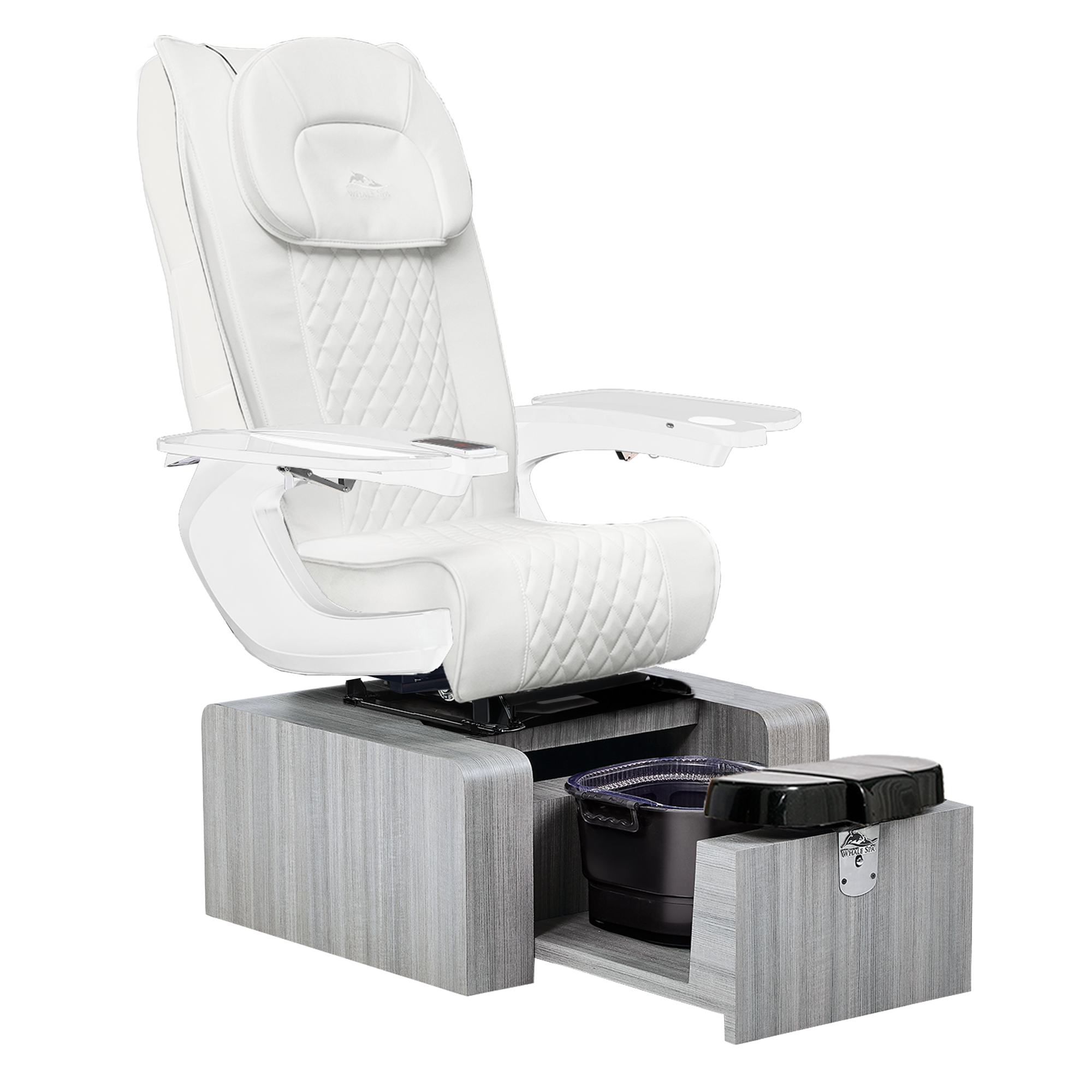 Pure III pedicure chair in white leather on a gray base with white armrests