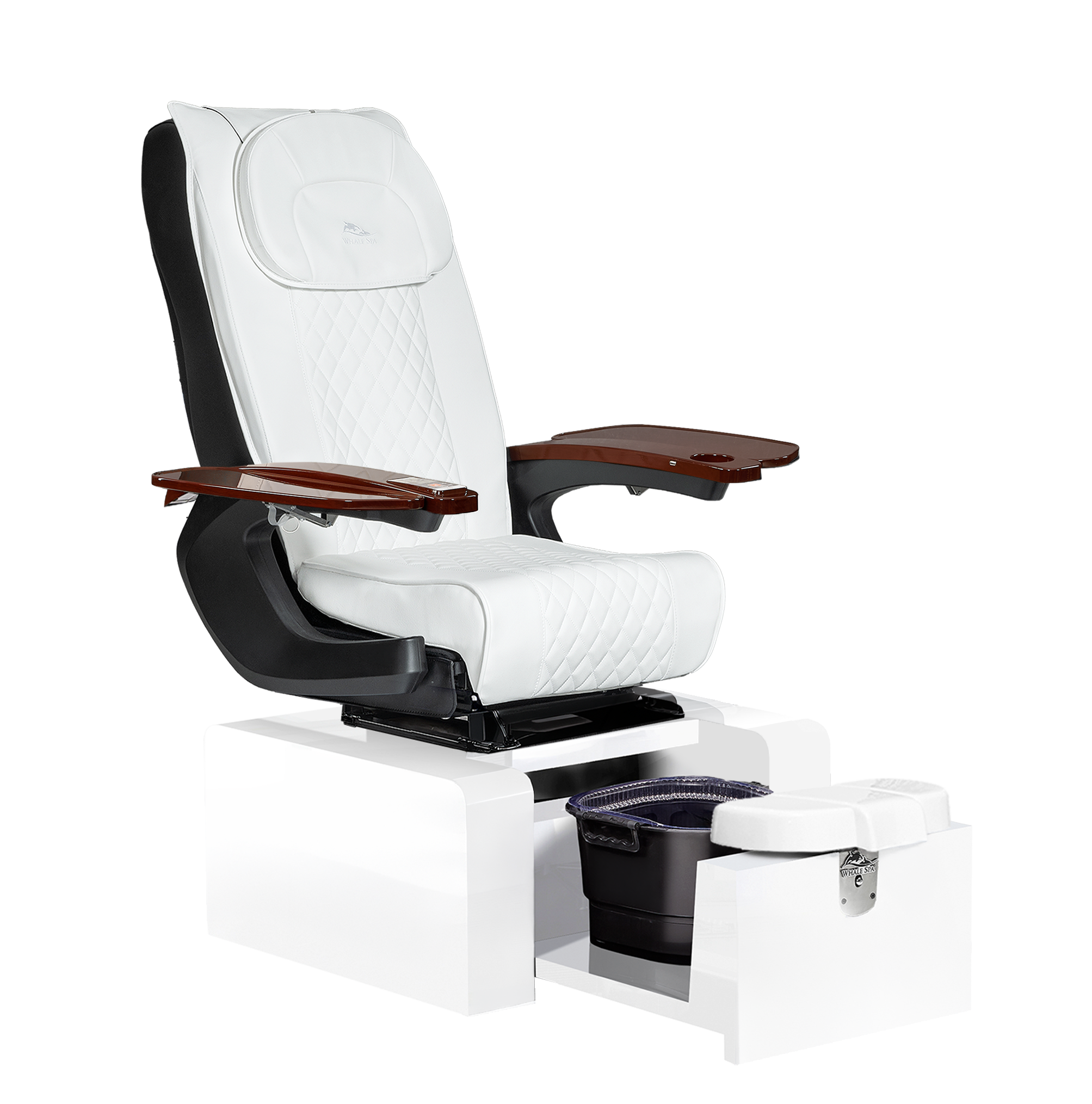 Pure III pedicure chair in white leather on a gloss white base with walnut armrests