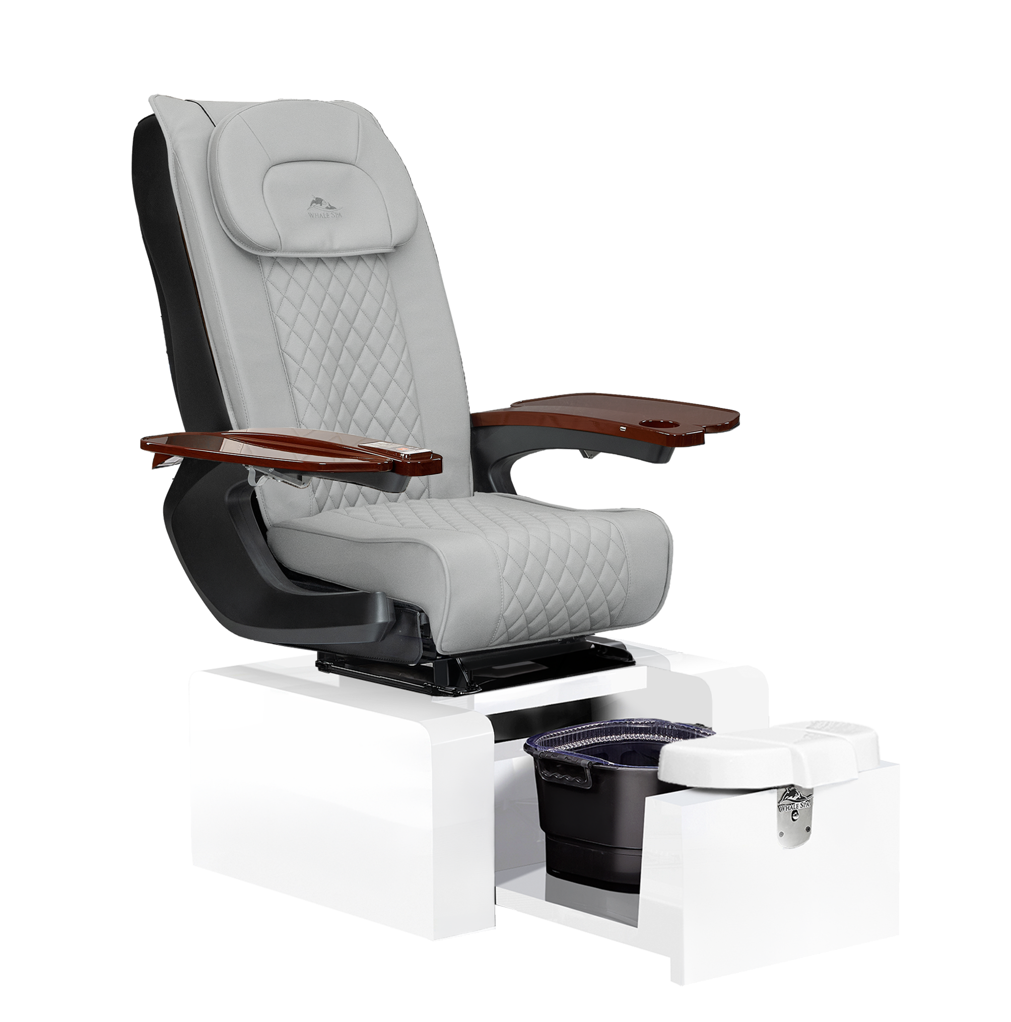 Pure III pedicure chair in gray leather on a gloss white base with walnut armrests