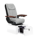 Pure III pedicure chair in gray leather on a gloss white base with walnut armrests