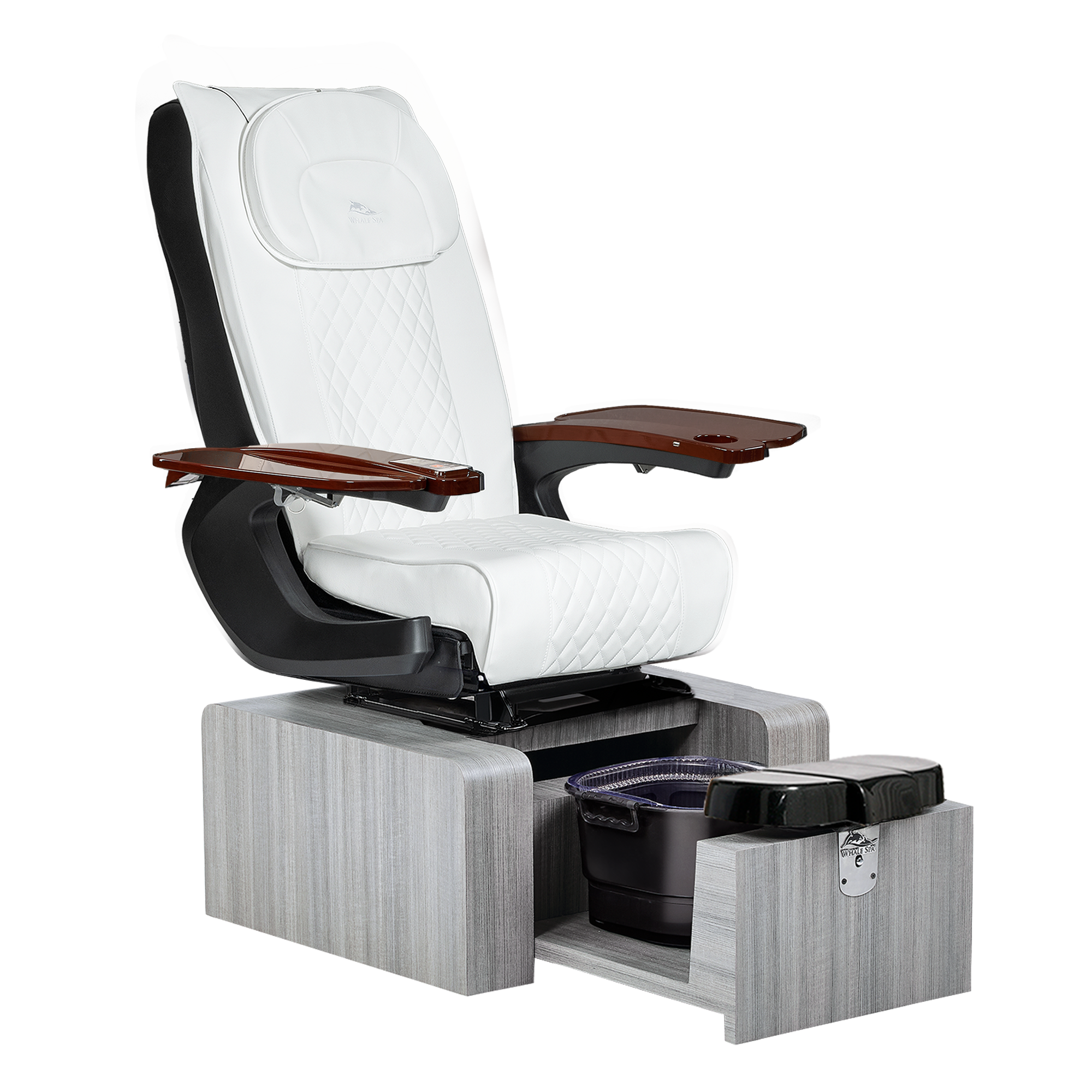 Pure III pedicure chair in white leather on a gray base with walnut armrests