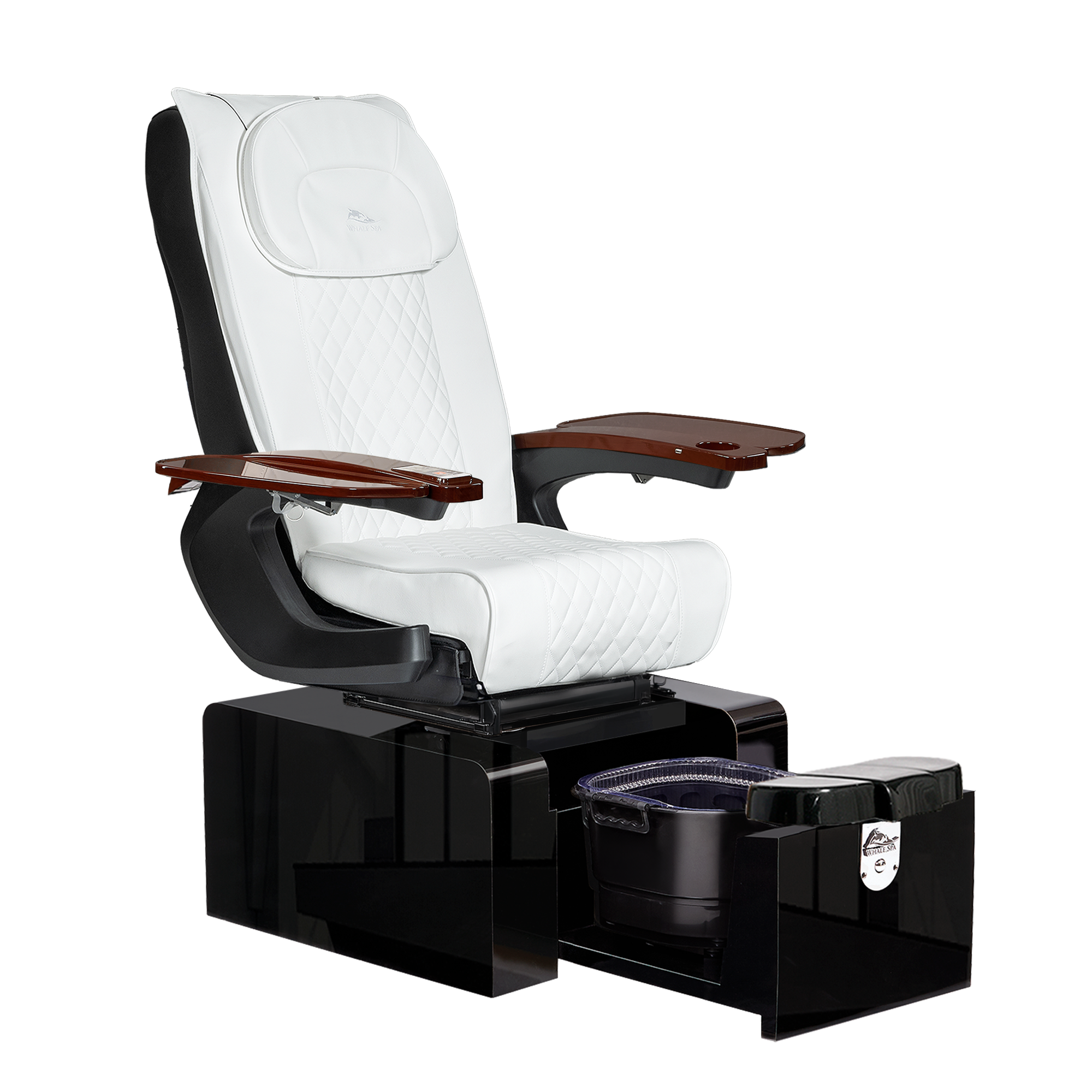 Pure III pedicure chair in white leather on a gloss black base with walnut armrests