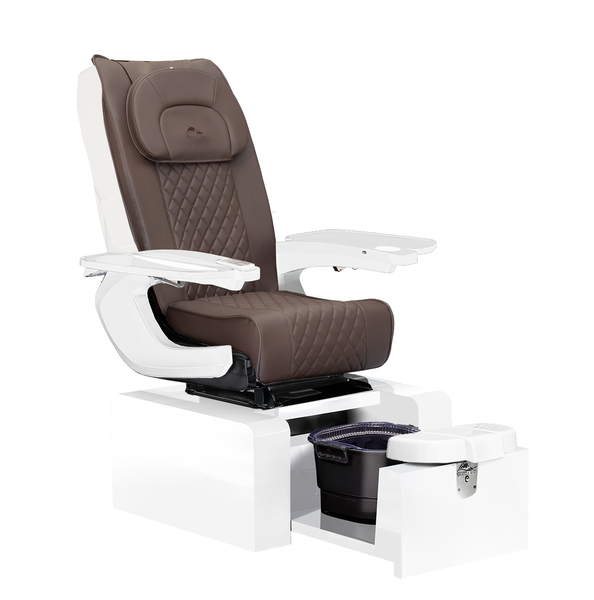 Pure III pedicure chair in chocolate leather on a gloss white base with white armrests