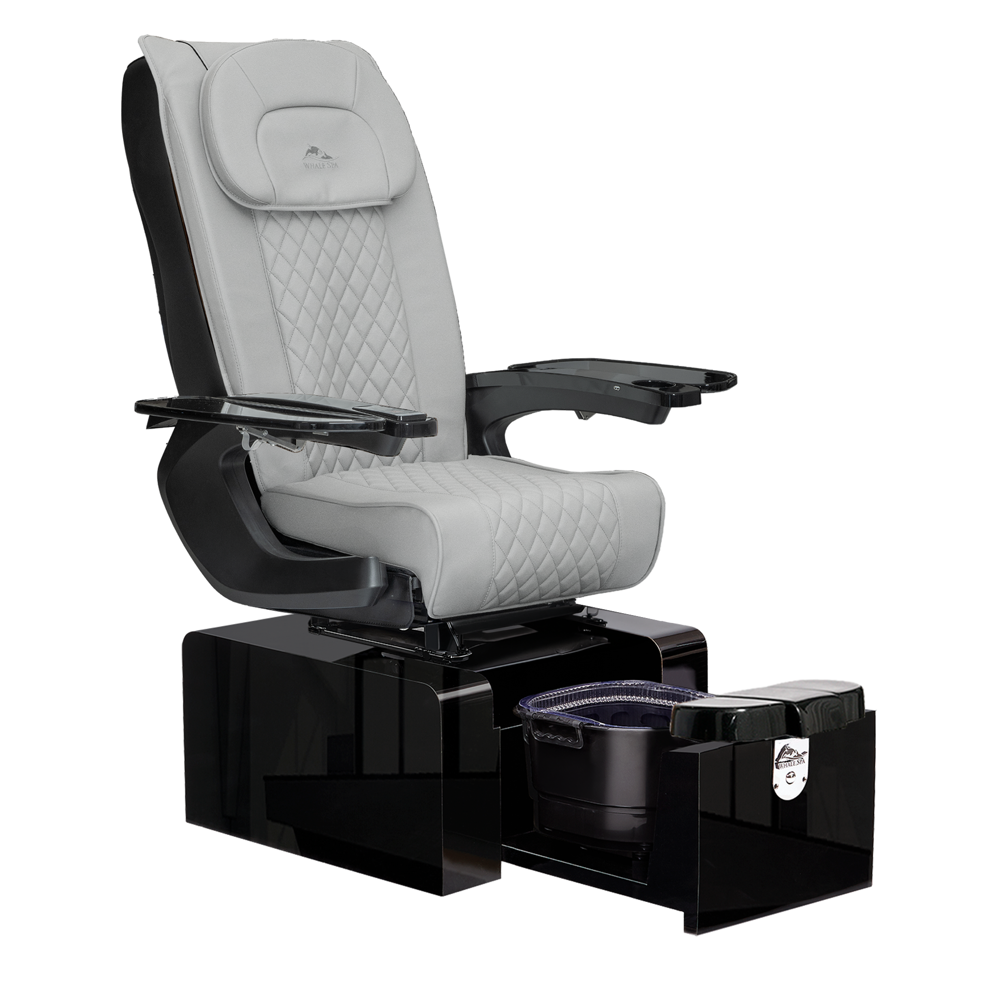 Pure III pedicure chair in gray leather on a gloss black base with black armrests