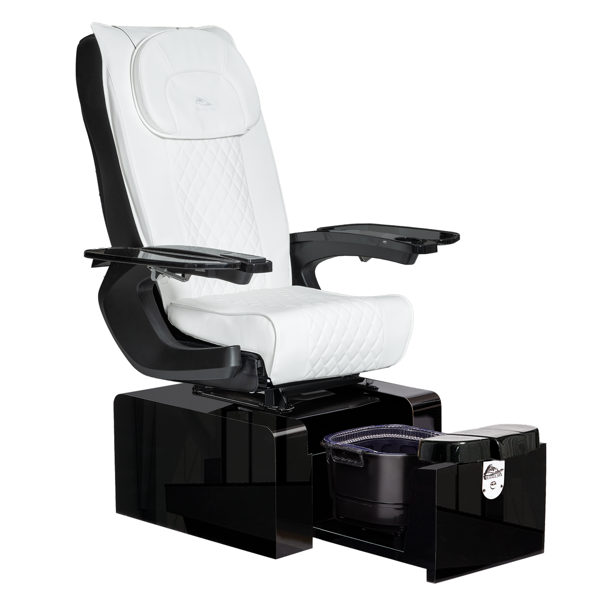 Pure III pedicure chair in white leather on a gloss black base with black armrests