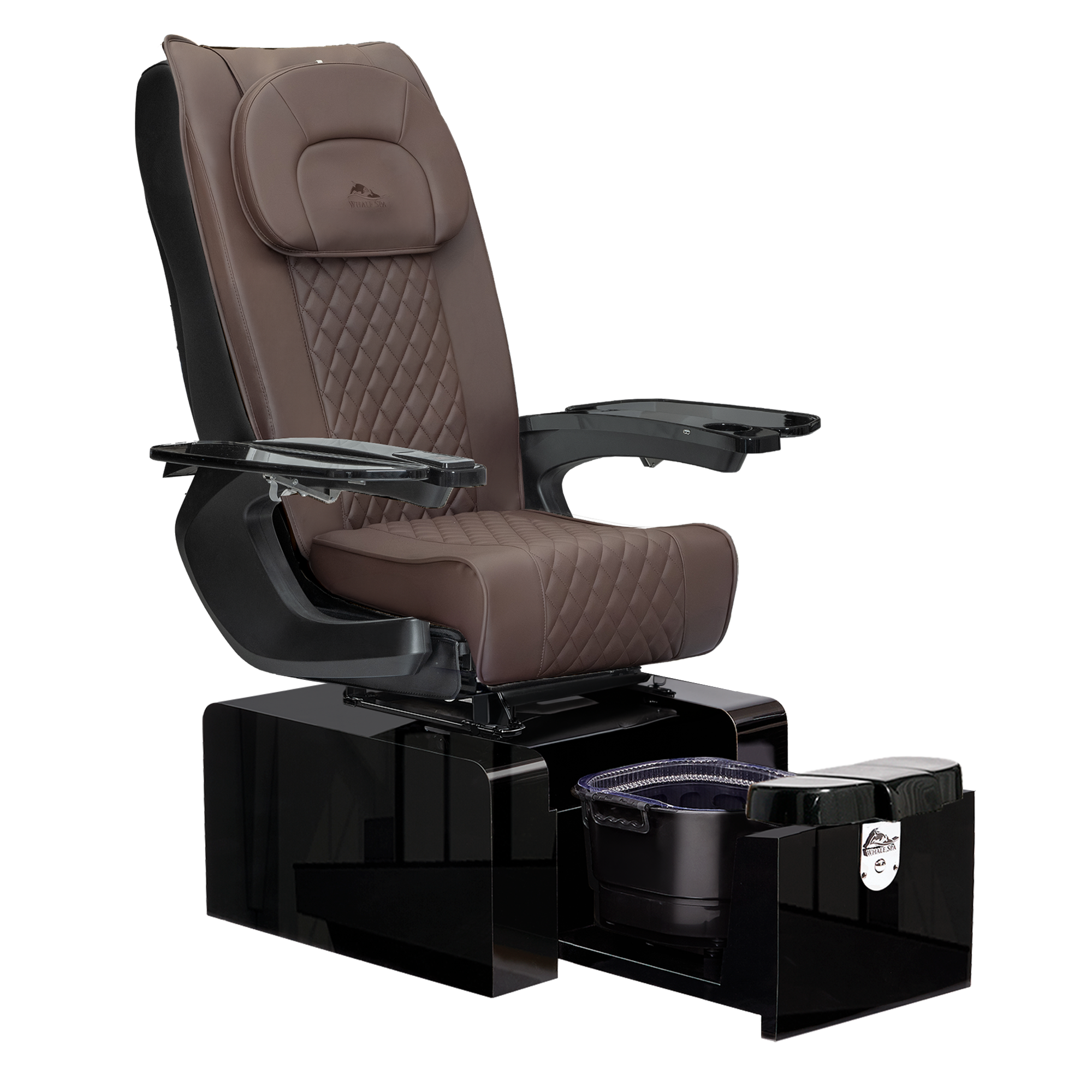 Pure III pedicure chair in chocolate leather on a gloss black base with black armrests