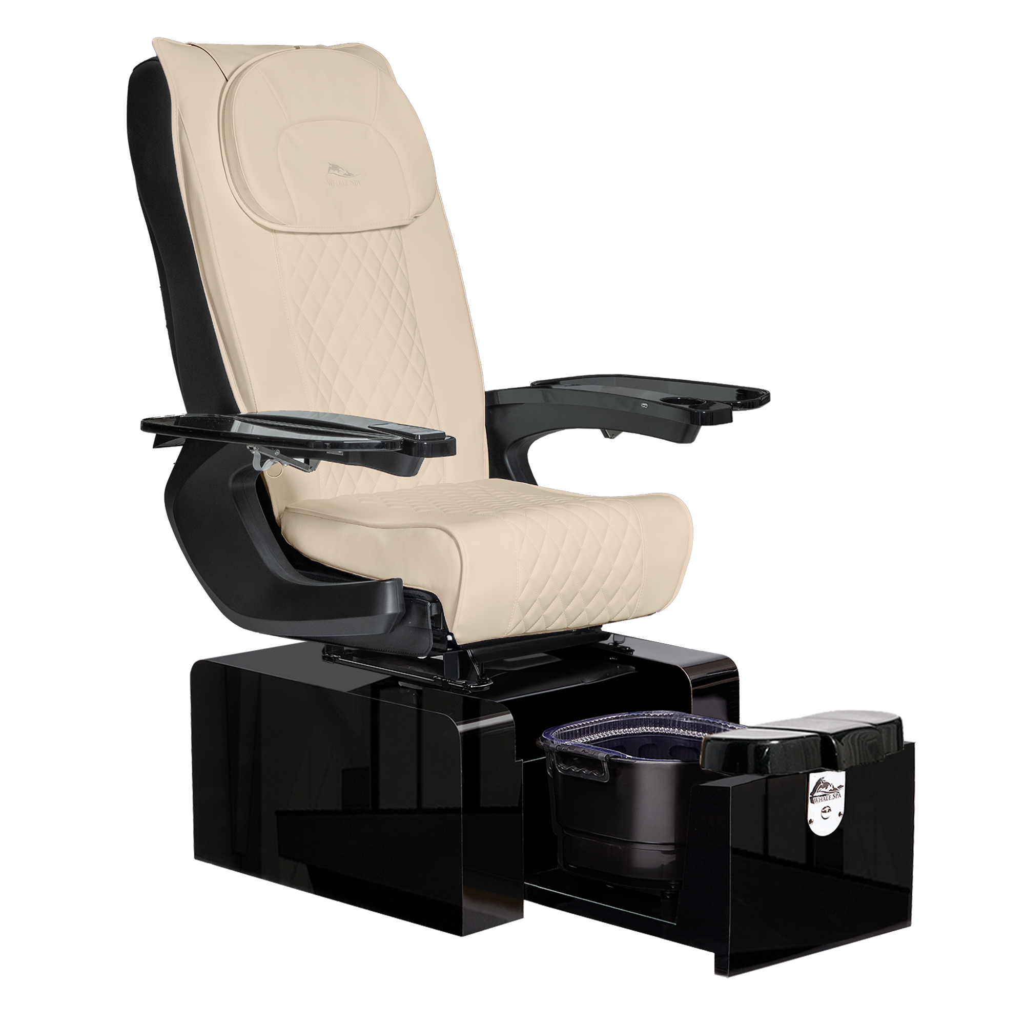 Pure III pedicure chair in khaki leather on a gloss black base with black armrests