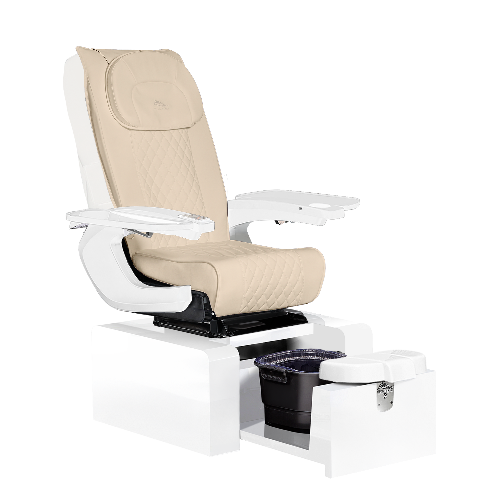 Pure III pedicure chair in khaki leather on a gloss white base with white armrests