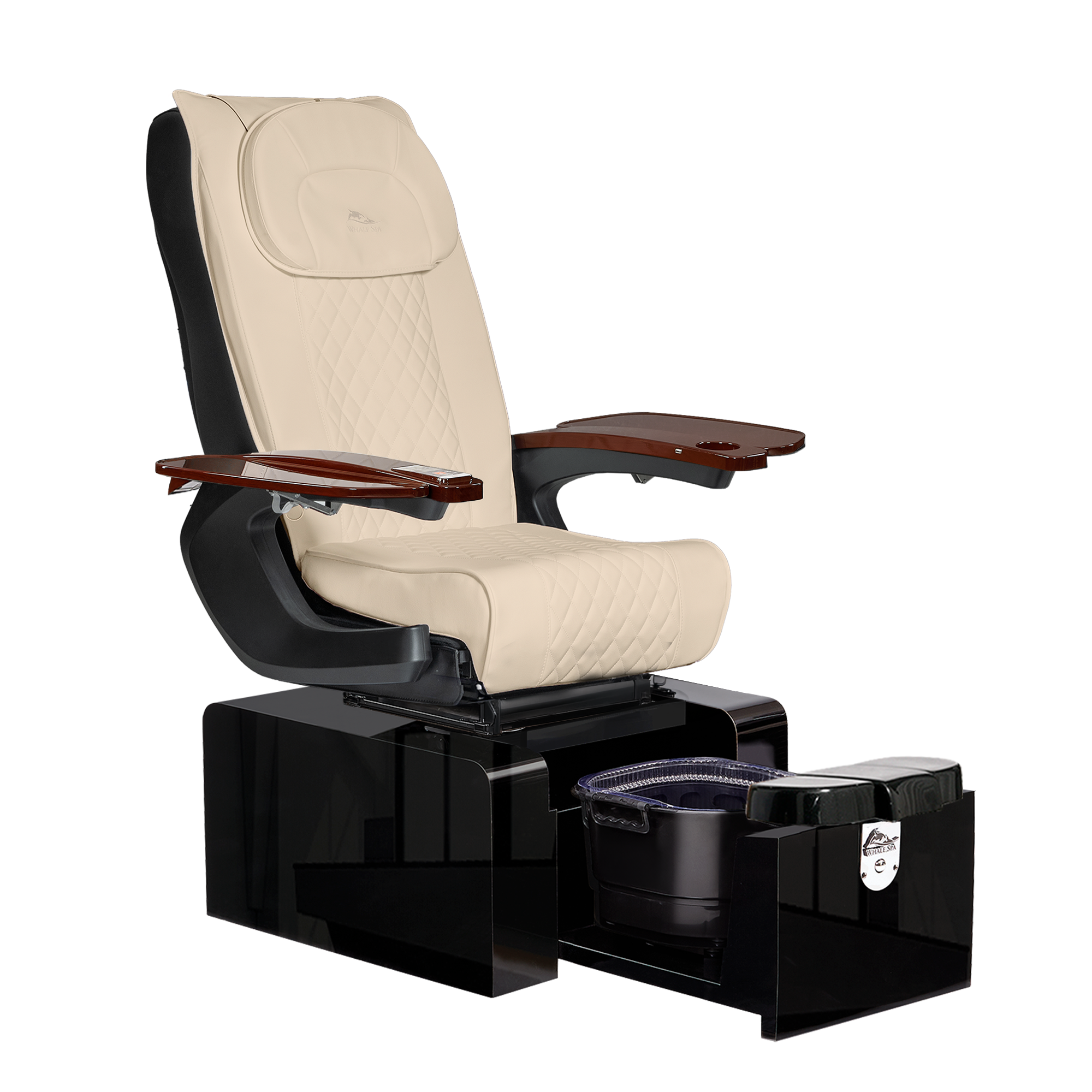 Pure III pedicure chair in khaki leather on a gloss black base with walnut armrests