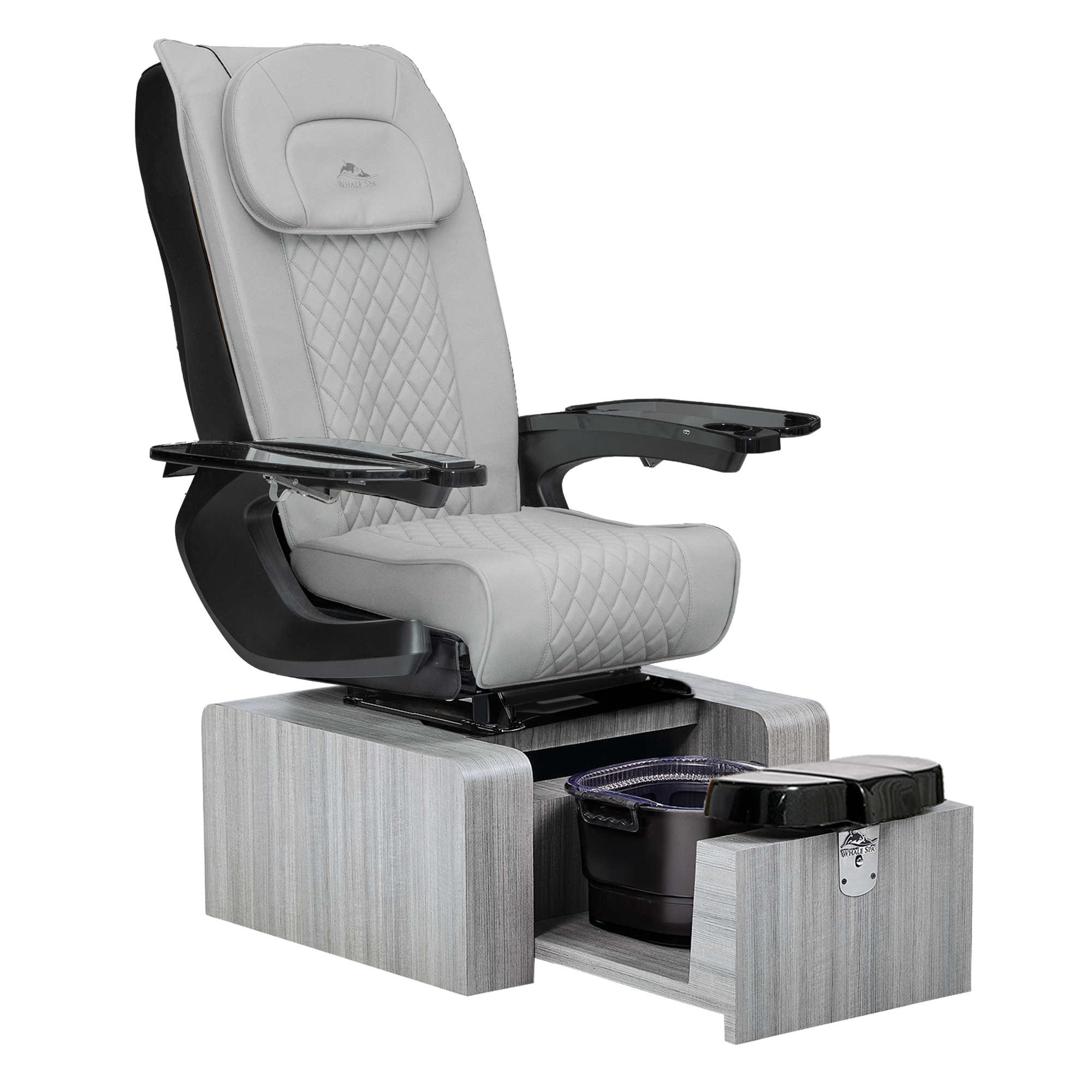 Pure III pedicure chair in gray leather on a gray base with black armrests