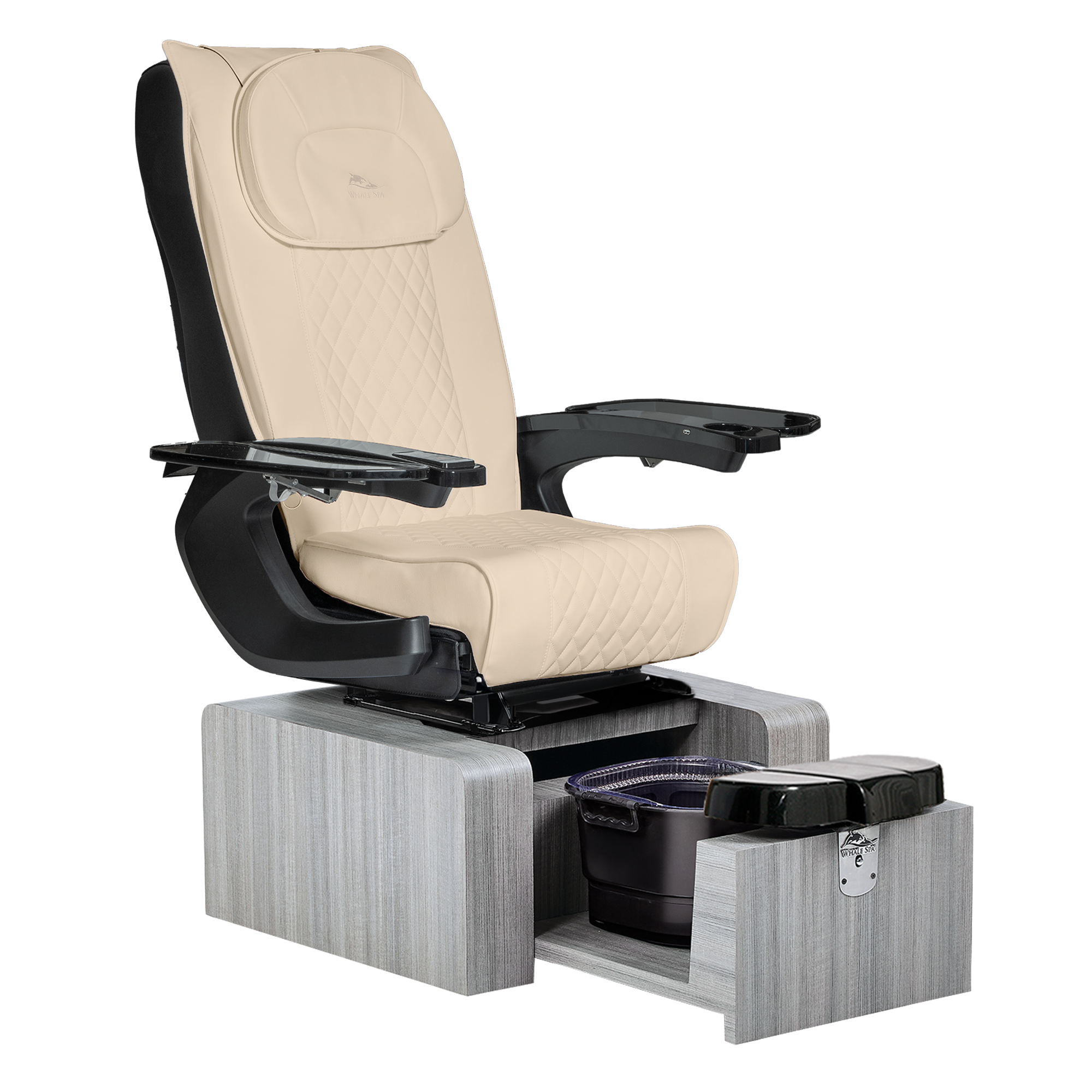 Pure III pedicure chair in khaki leather on a gray base with black armrests