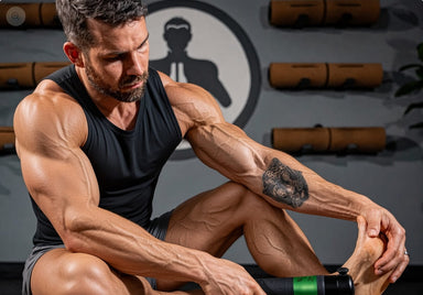 Man in gym massaging foot with massage gun