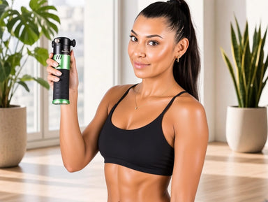 Woman in black sports bra holding massage gun