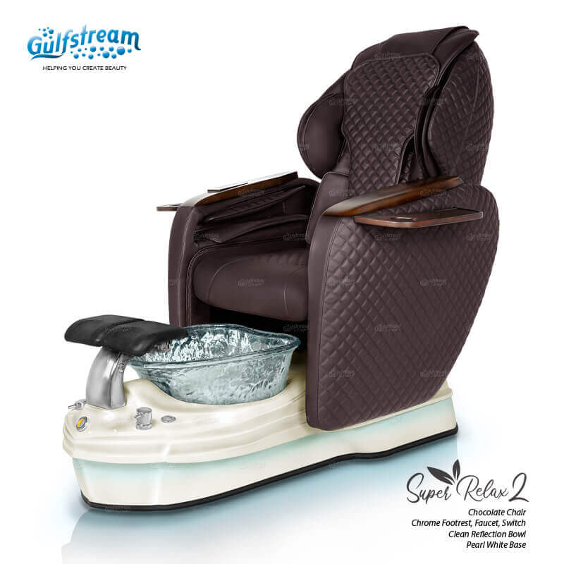 Gulfstream Super Relax 2 Spa with Chocolate quilted Super Relax 2 chair, white base and clear glass bowl