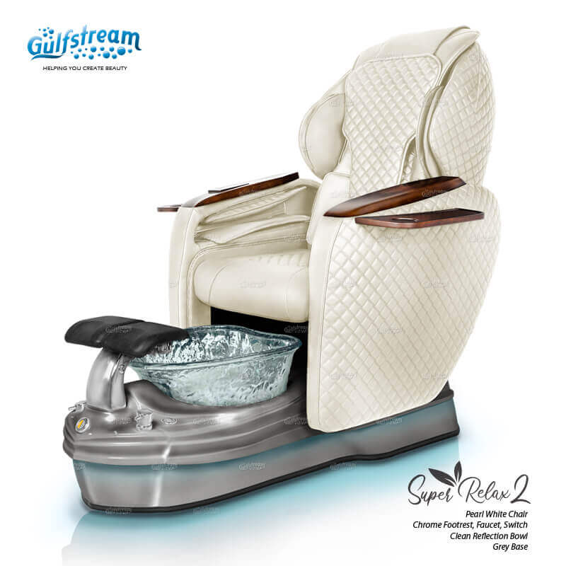 Gulfstream Super Relax 2 Spa with Pearl White quilted Super Relax 2 chair, grey base and clear glass bowl
