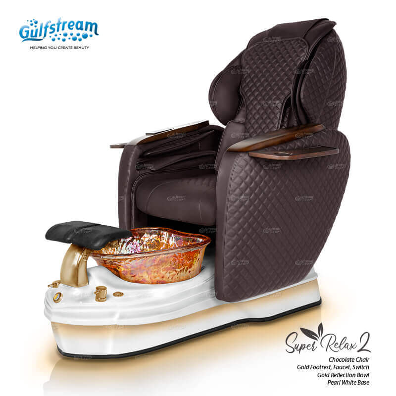 Gulfstream Super Relax 2 Spa with Chocolate quilted Super Relax 2 chair, white base and amber glass bowl