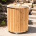 Arctic Cold Plunge Tub with white HDPE plastic and cedar skirt surrounded by stainless steel bands, promoting wellness and relaxation.