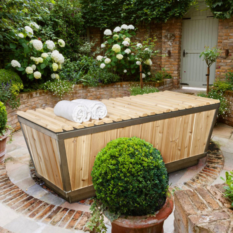 "Stylish Glacier Plunge Tub with a choice of stainless steel or white HDPE interior, encased in white cedar, designed for optimal wellness and relaxation."