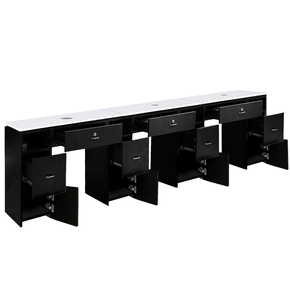 Image of black manicure table with quartz top with air vents and open drawers
