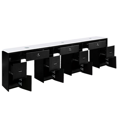 Image of black manicure table with quartz top with air vents and open drawers