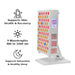 Red light therapy panel on a white stand with graphic text callouts about skin health, recovery, wavelengths, and relaxation benefits on a white background.