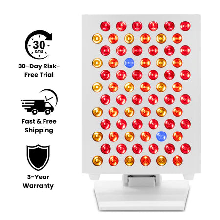 Picture of red light therapy panel against white backdrop with information on trial, shipping and warranty