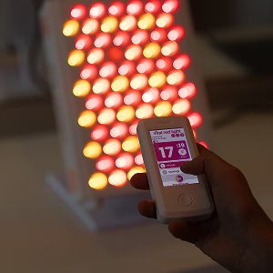 Handheld remote with red light therapy device in background