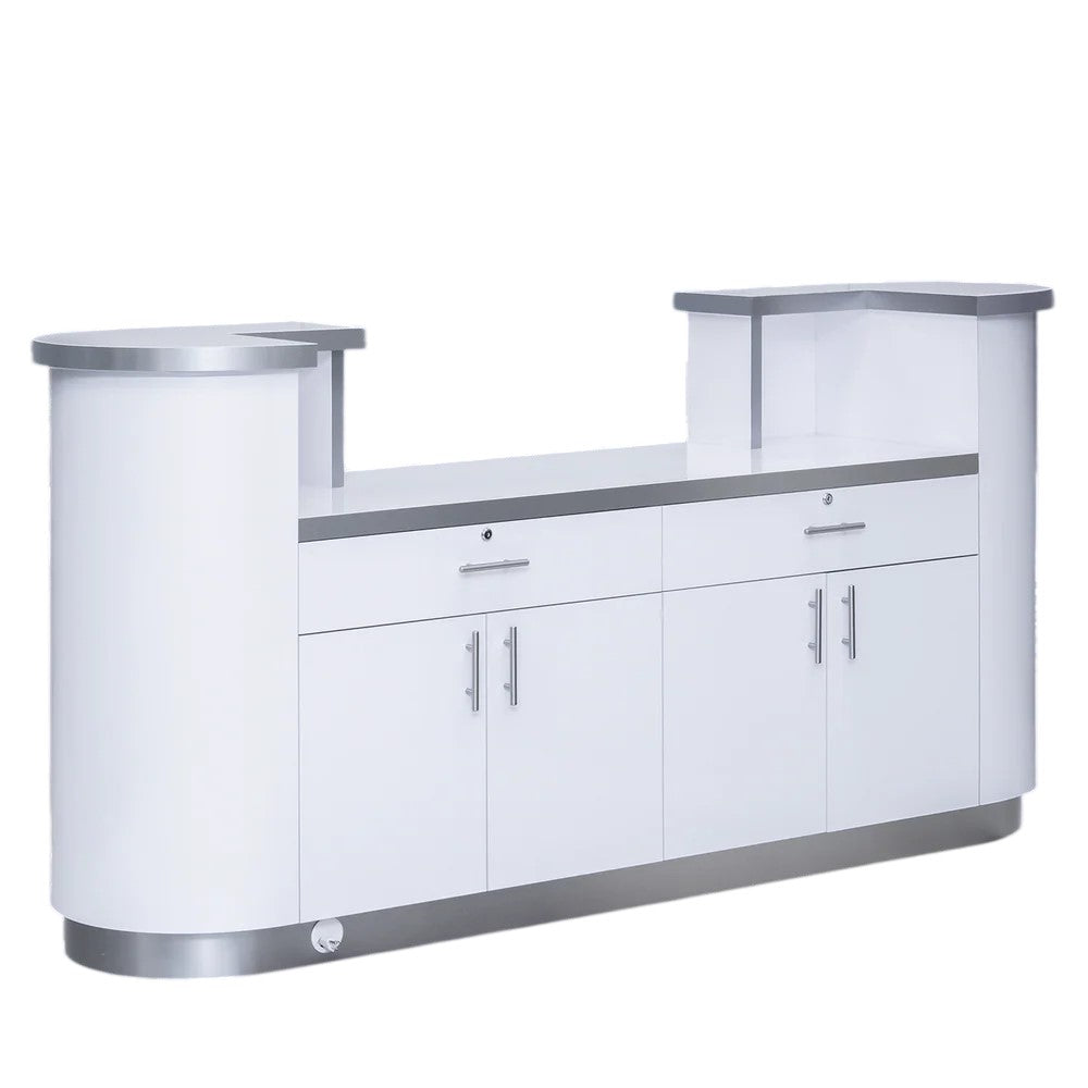rear view of white salon reception desk with drawers and cabinets